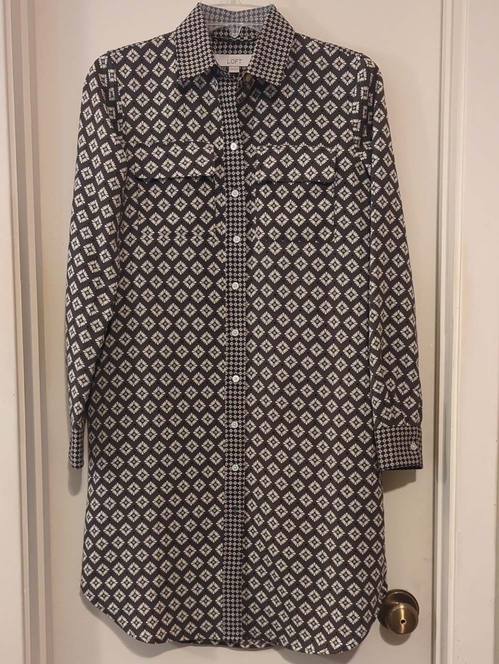 LOFT Gray and Cream Geometric Midi Shirt Dress